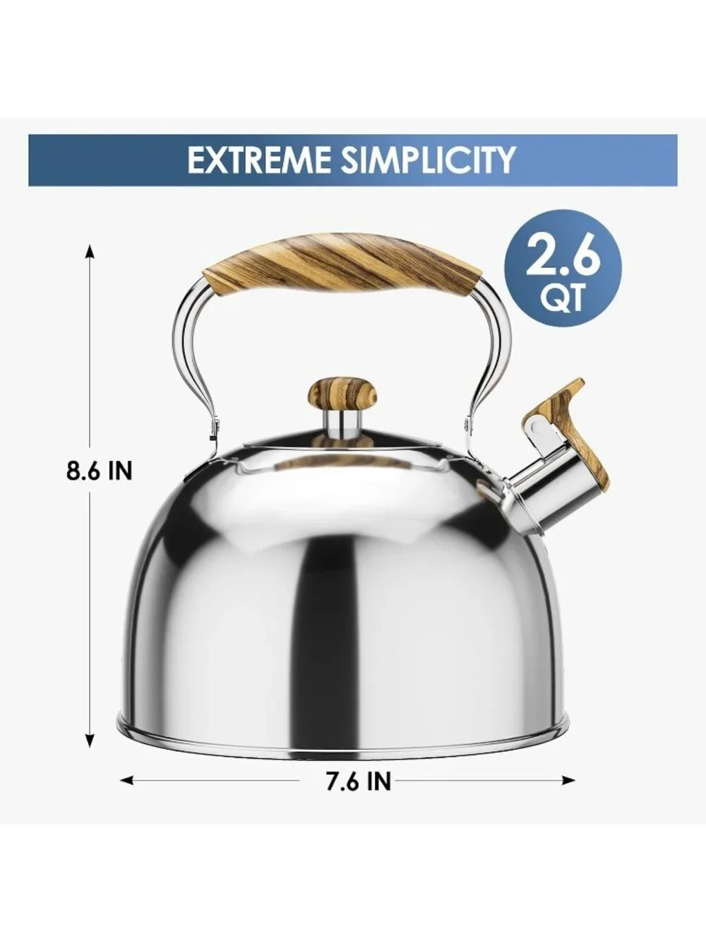 Silver Mirror Kitchen Whistling Tea Kettle 2.6 Quart Stainless Steel Stovetop